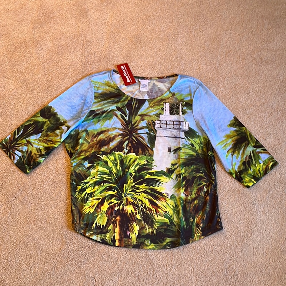 Bon Worth Tropical Palm & Lighthouse Top – Petite Large 🌴 NWT - Picture 2 of 10